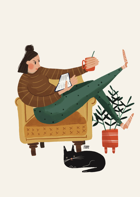 booktok cosy illustration studio caats women reading with cat 
